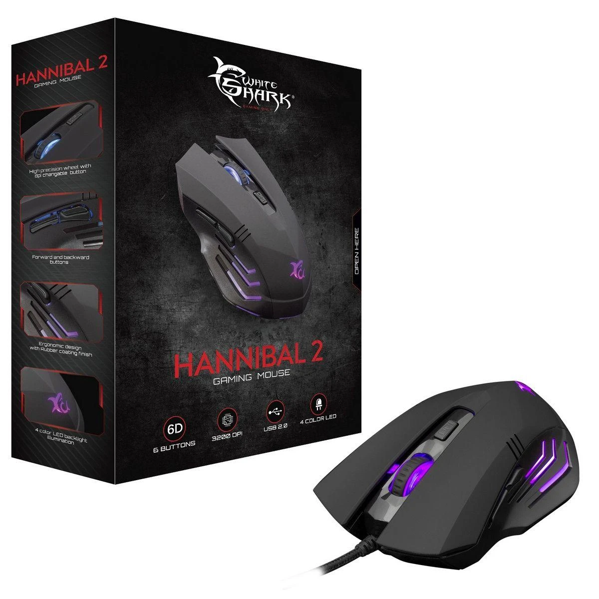 Žaidimų pelė White Shark Hannibal 2, su pašvietimu, 6 mygtukai, Juoda