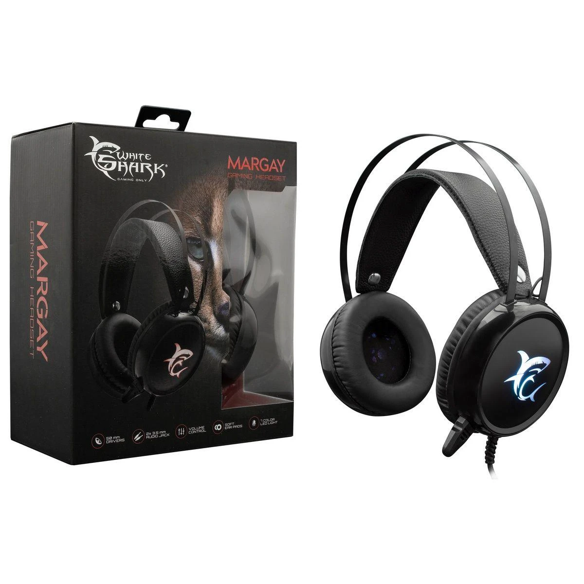 Žaidimų ausinės White Shark Margay, 2 x 3,5mm (Audio IN/OUT) + USB 2.0 (LED pašvietimui)