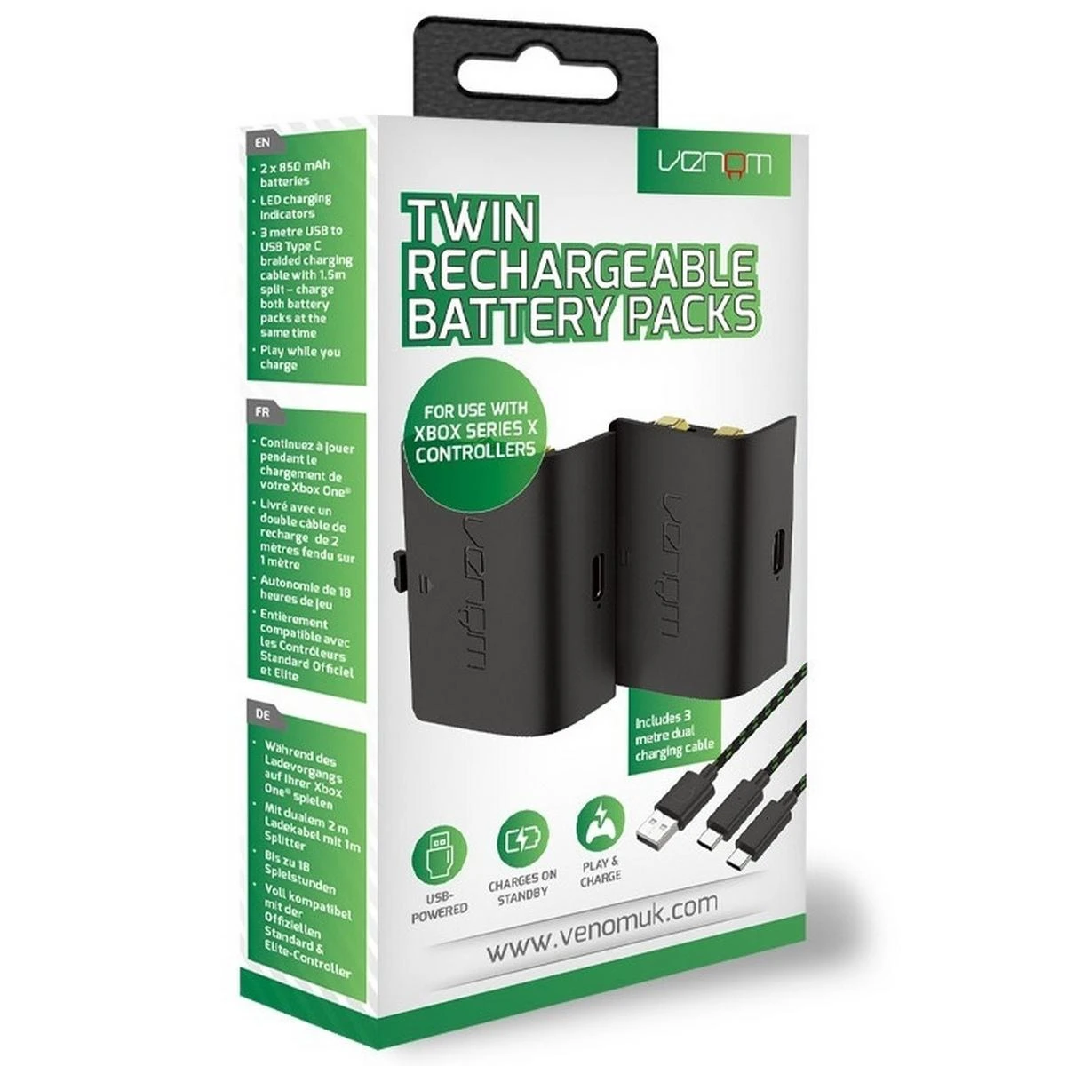 VENOM baterijos XBOX serijos / XBOX One valdikliams (2 vnt.) + 3 metrų laidas
