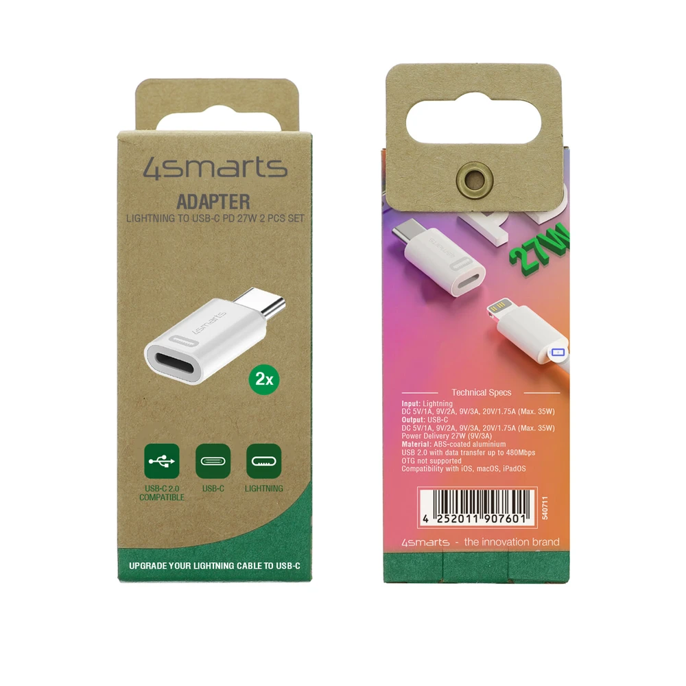 4smarts „Lightning“ į USB-C PD 27 W adapterių rinkinys, 2 vnt., be OTG ir audio funkcijos