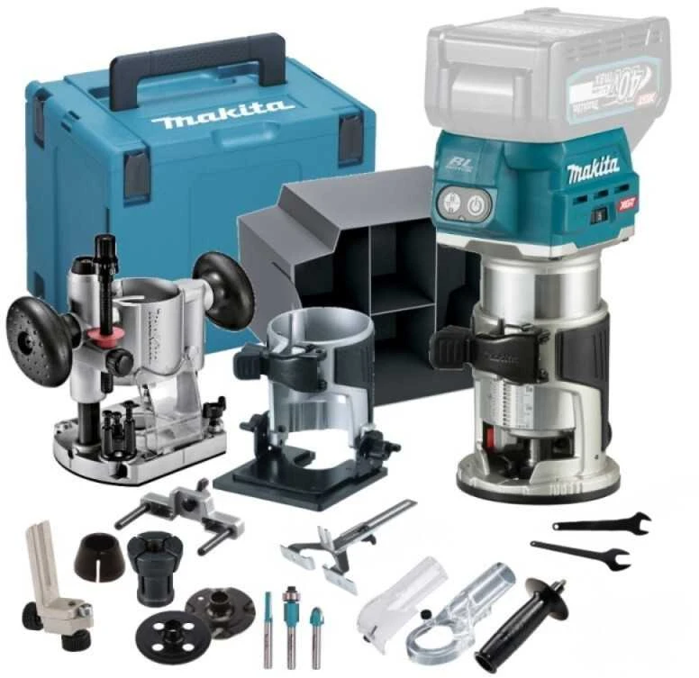 Makita RT001GZ13 Akumuliatorinis freza, XGT, ; 6- 8mm, 10.000 - 31.000 r/min, AWS, XPT, + Priedas įgilinamajam frezavimui, + Priedas kantų frezavimui, Makpac Nr4, Be akumuliatorių ir kroviklio!