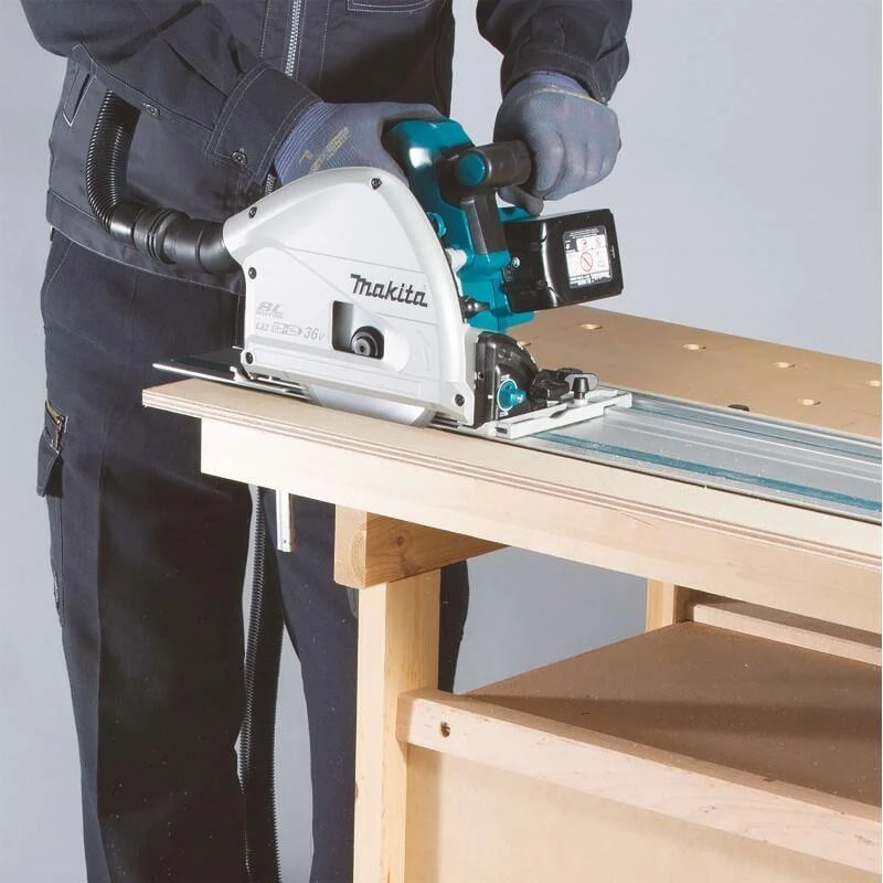 Makita DSP601ZJU Akumuliatorinis diskinis pjūklas, 56 mm, 165x20 mm, 2X18V, pjovimas kampu nuo -1° iki +48°, Bluetooth!!! lagaminas