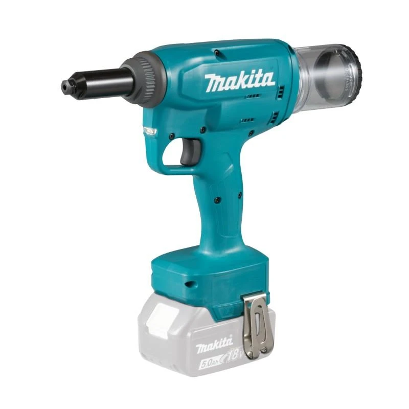 Makita DRV250Z kniediklio vaizdas iš šono su akumuliatoriumi