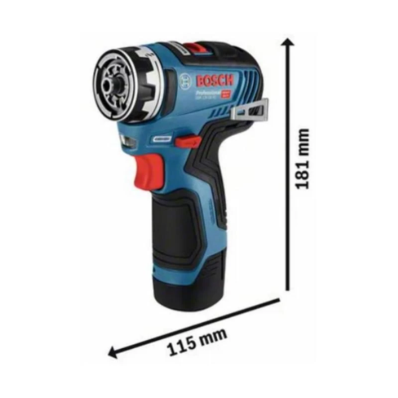 Bosch GSR 12V-35 FC suktuvas su matmenų brėžiniu