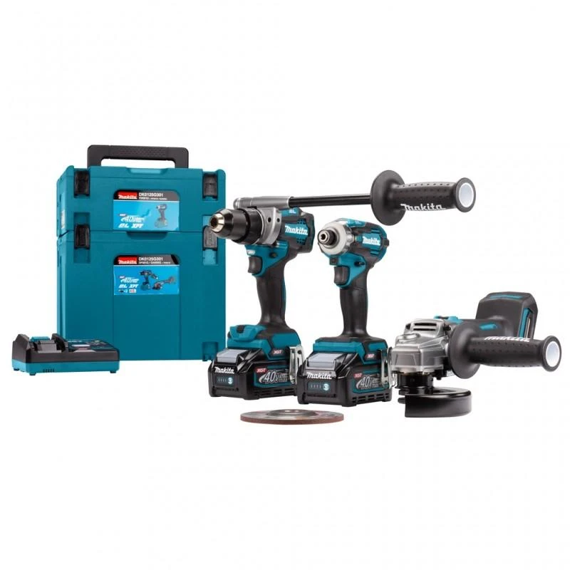 Makita DK0125G301 XGT Akumuliatorinių įrankių komplektas DF001G + GA005G + TD001G + DC40RA + BL4040x2 + MAKPAC lagaminas (821550-0 & 821552-6) (3 vnt Combo)