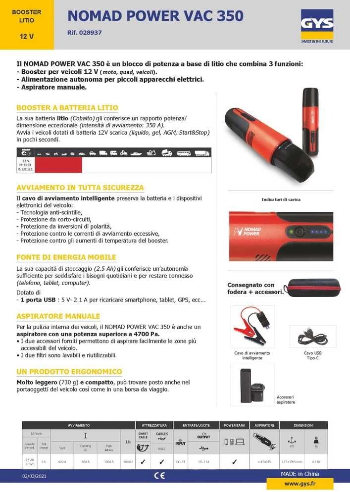 GYS NOMAD POWER VAC 350 techninis aprašymas ir funkcijos