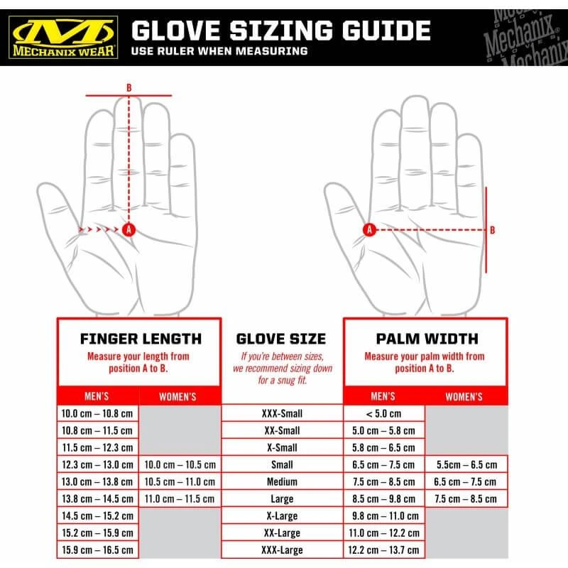 Mechanix Wear pirštinių dydžių parinkimo schema