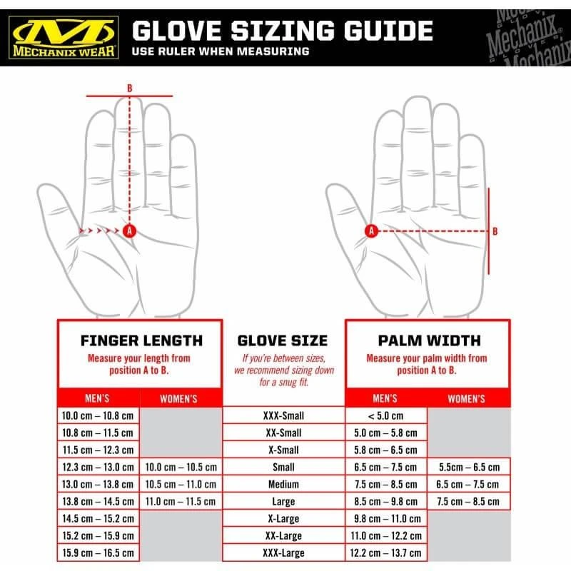 Mechanix Wear pirštinių dydžių lentelė