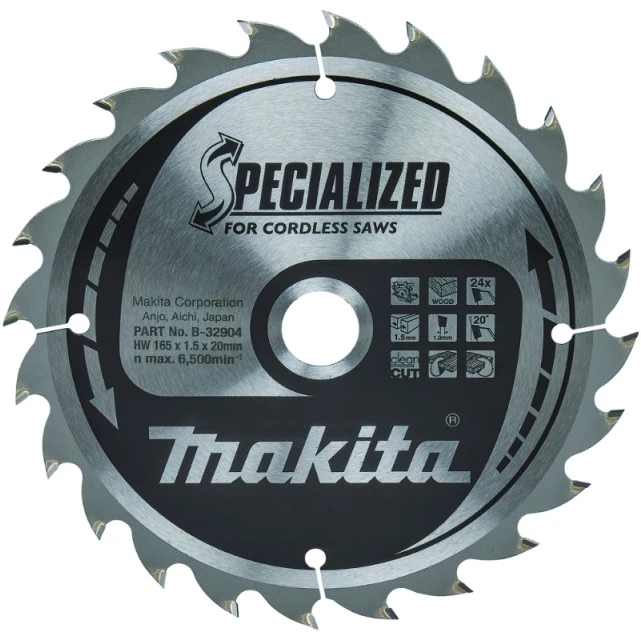Makita B-32904 T.C.T. pjūklas 165X1.5X20mm 20° T24 SPECIALIZED akum. diskiniams pjūklams