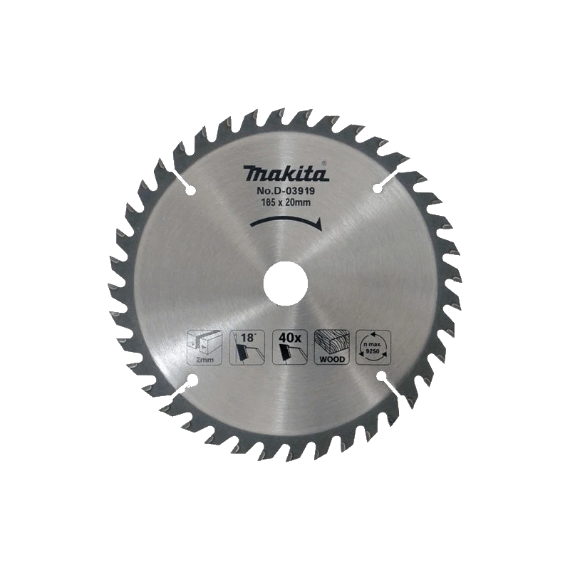 Makita T.C.T. pjūklas 185X2X30mm 18° T40 D-03919 T.C.T • 185 x30 mm • T40 • 18° • Medienai
