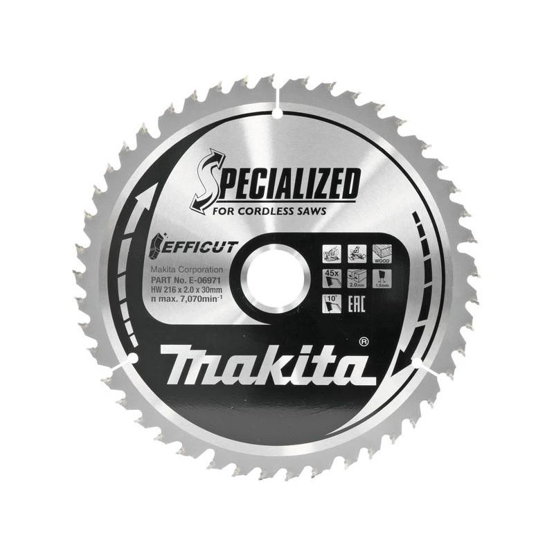 Makita T.C.T. pjūklas 216X30X2,0MM, Z-45, 10°, EFFICUT E-06971 T.C.T • 216 x 30 mm • 45 T • 10° • Medienai