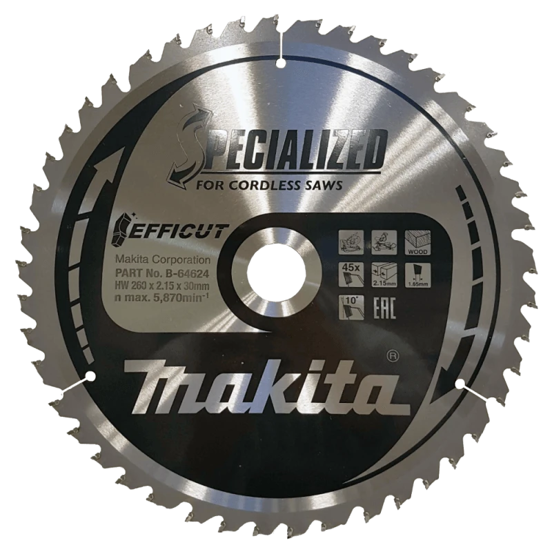 Makita T.C.T. pjūklas EFFICUT 260X2.15X30mm 10° T45 B-64624 T.C.T • 260 x30 mm • T45 • 10° • Medienai