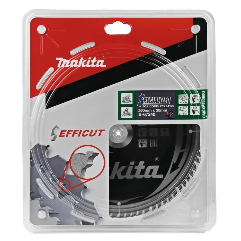 Makita T.C.T. pjūklas EFFICUT 260X2.15X30mm 10° T80 B-67240 T.C.T • 260 x30 mm • T80 • 10° • Medienai