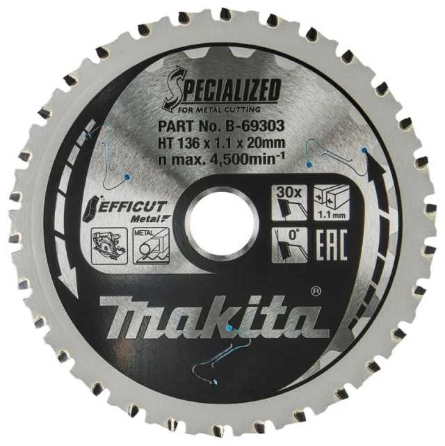 Makita T.C.T. pjūklas EFFICUT METAL 136X1.1X20mm 0° T30 B-69303 T.C.T • 136 x20 mm • T30 • 0° • Metalui