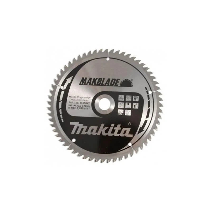 Makita T.C.T. pjūklas MAKBLADE 190X2X20mm 5° T60 B-09042 T.C.T • 190 x20 mm • T60 • 5° • Medienai