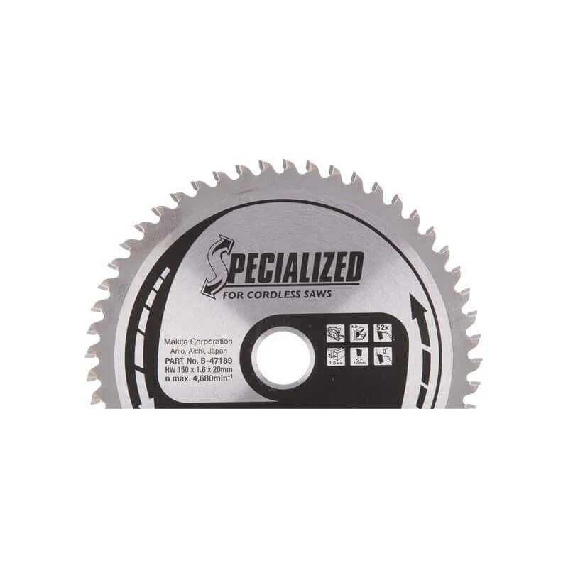 Makita T.C.T. pjūklas SPECIALIZED 150X1.6X20mm 0° T52 B-47189 T.C.T • 150 x20 mm • T52 • 0° • Aliuminiui