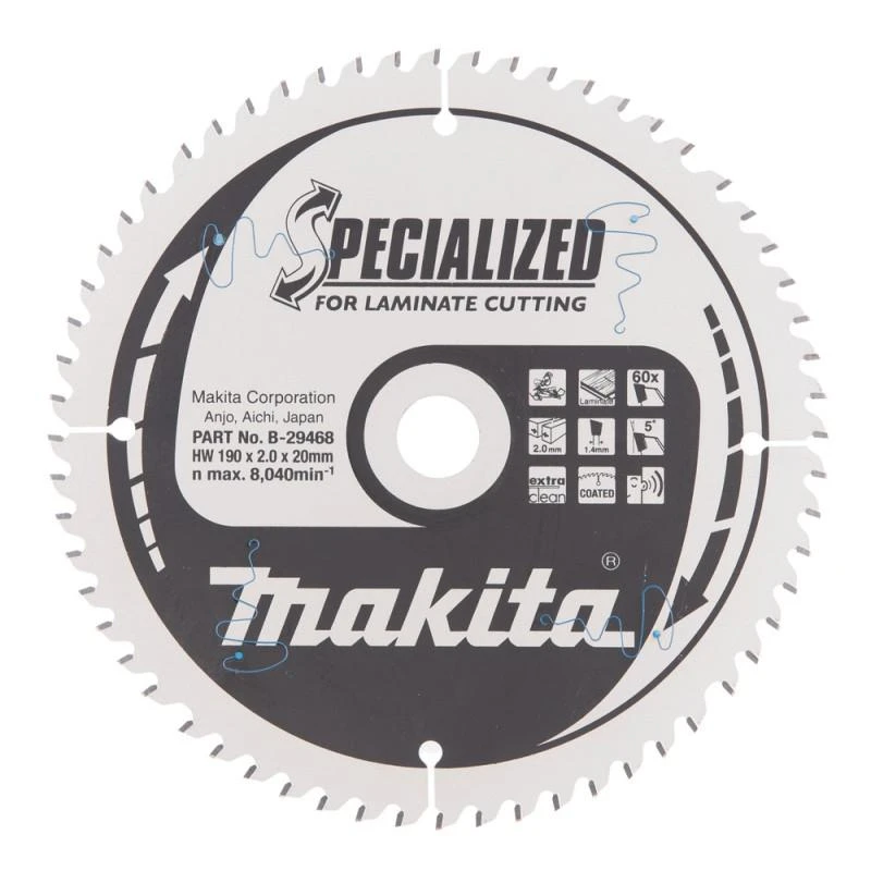 Makita T.C.T. pjūklas SPECIALIZED 190X2X20mm 5° T60 B-29468 T.C.T • 190 x20 mm • T60 • 5° • MDF/laminatui
