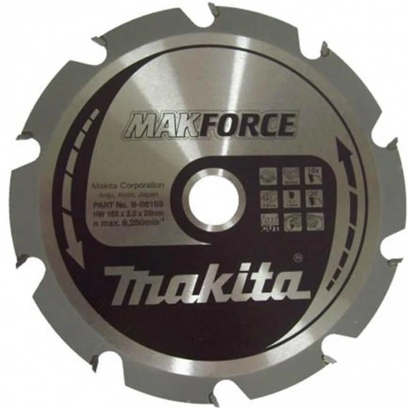 Makita T.C.T. pjūklas MAKFORCE 165X2X20mm 20° T10 B-08159 T.C.T • 165 x20 mm • T10 • 20° • Medienai
