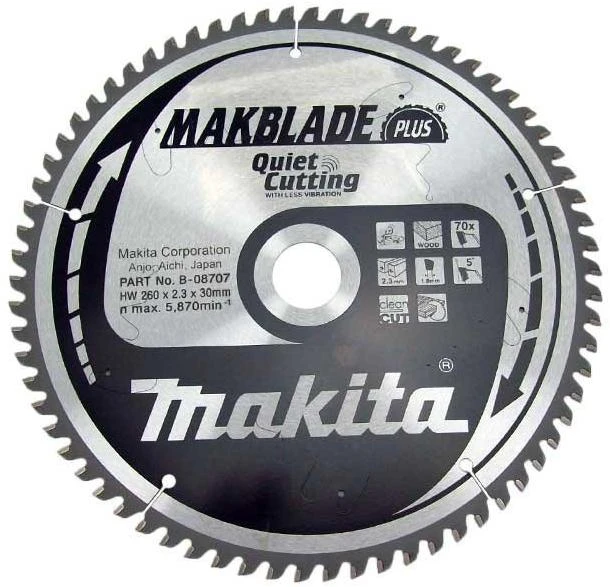 Makita T.C.T. pjūklas MAKBLADE PLUS 260X2.3X30mm 5° T70 B-08707 T.C.T • 260 x30 mm • T70 • 5° • Medienai