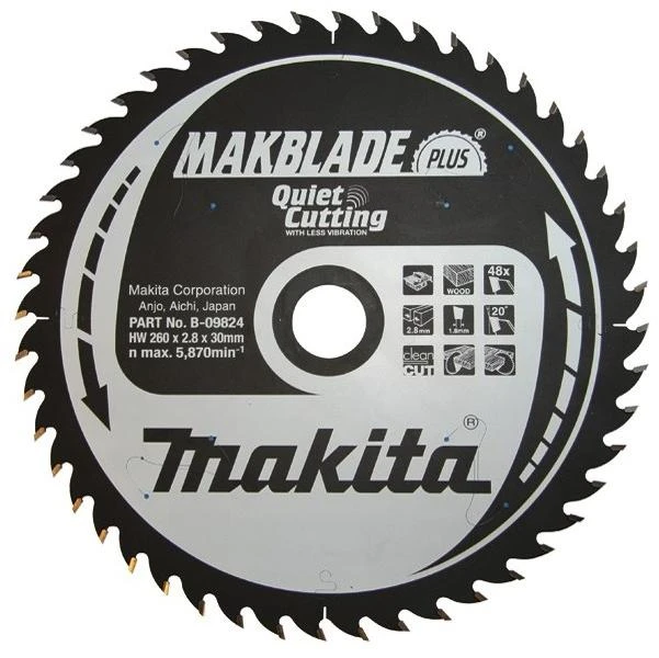 Makita T.C.T. pjūklas MAKBLADE PLUS 260X2.8X30mm 20° T48 B-09824 T.C.T • 260 x30 mm • T48 • 20° • Medienai