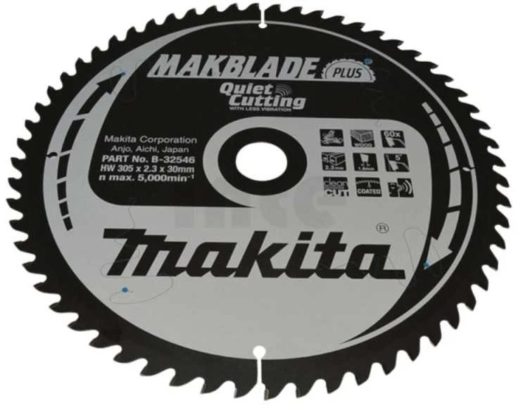 Makita T.C.T. pjūklas MAKBLADE PLUS 305X2.3X30mm 5° T60 B-32546 T.C.T • 305 x30 mm • T60 • 5° • Medienai