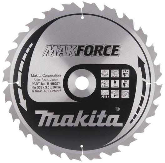 Makita T.C.T. pjūklas MAKFORCE 355X3X30mm 20° T24 B-08274 T.C.T • 355 x30 mm • T24 • 20° • Medienai