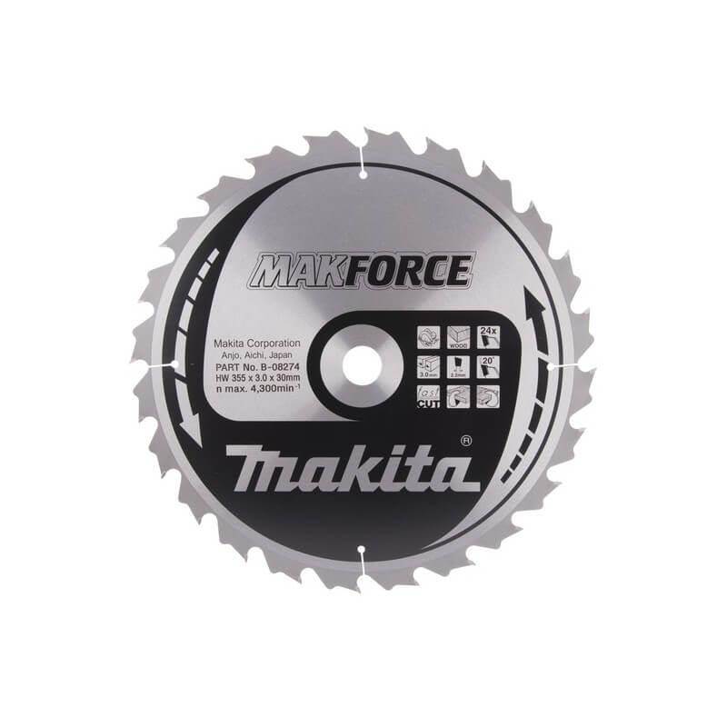Makita T.C.T. pjūklas MAKFORCE 355X3X30mm 20° T24 B-08274 T.C.T • 355 x30 mm • T24 • 20° • Medienai