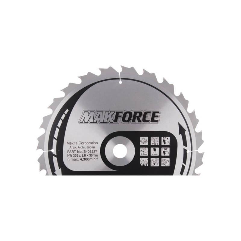 Makita T.C.T. pjūklas MAKFORCE 355X3X30mm 20° T24 B-08274 T.C.T • 355 x30 mm • T24 • 20° • Medienai