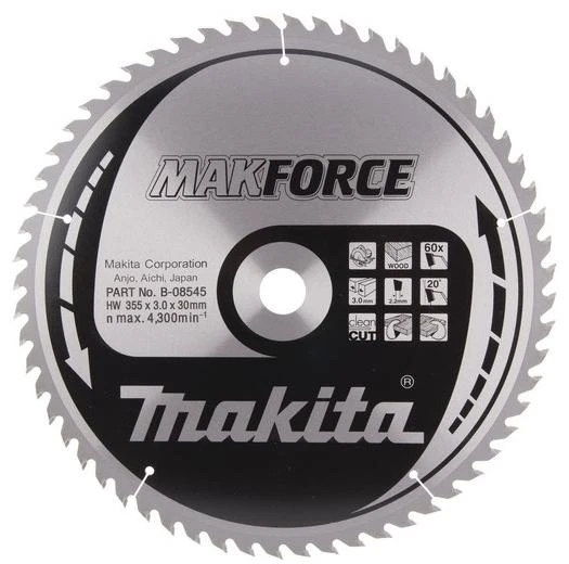 Makita T.C.T. pjūklas MAKFORCE 355X3X30mm 20° T60 B-08545 T.C.T • 355 x30 mm • T60 • 20° • Medienai