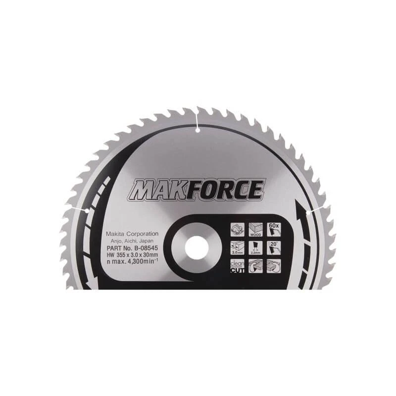 Makita T.C.T. pjūklas MAKFORCE 355X3X30mm 20° T60 B-08545 T.C.T • 355 x30 mm • T60 • 20° • Medienai