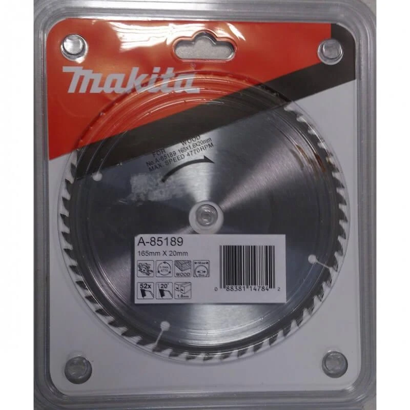 Makita T.C.T. pjūklas 165X1.6X20mm 20° T52 A-85189 T.C.T • 165 x20 mm • T52 • 20° • Medienai
