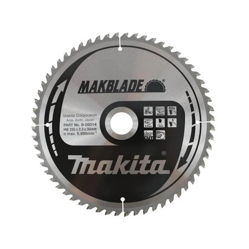 Makita T.C.T. pjūklas MAKBLADE 255X2.3X30mm 5° T60 B-09014 T.C.T • 255 x30 mm • T60 • 5° • Medienai