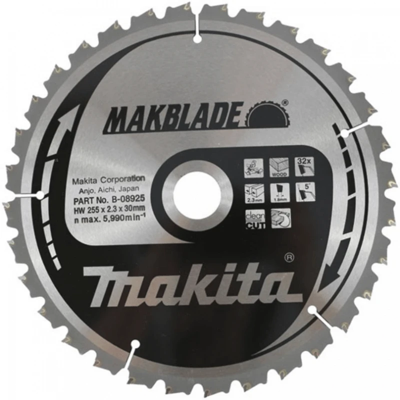 Makita T.C.T. pjūklas MAKBLADE 255X2.3X30mm 5° T32 B-08925 T.C.T • 255 x30 mm • T32 • 5° • Medienai