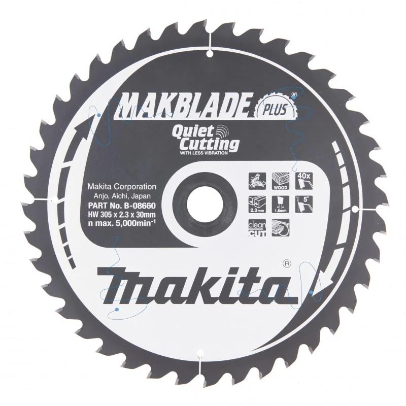 Makita T.C.T. pjūklas MAKBLADE PLUS 305X2.3X30mm 5° T40 B-08660 T.C.T • 305 x30 mm • T40 • 5° • Medienai