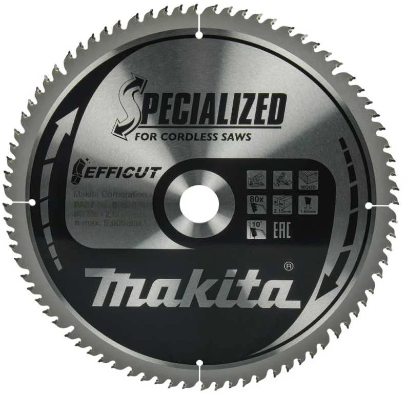 Makita T.C.T. pjūklas EFFICUT 305X2.15X30mm 10° T80 B-67262 T.C.T • 305 x30 mm • T80 • 10° • Medienai