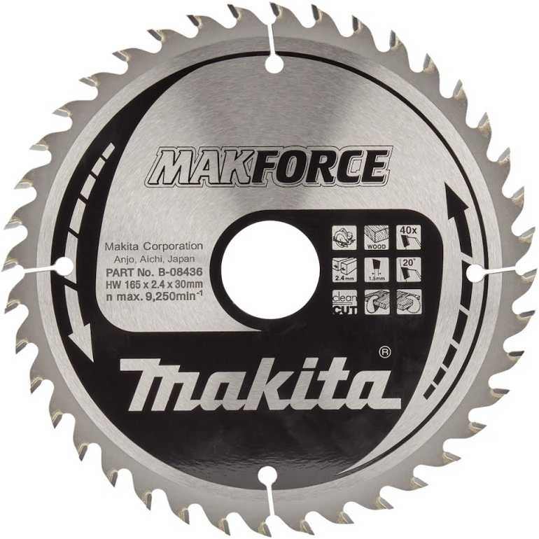 Makita T.C.T. pjūklas MAKFORCE 165X2.4X30mm 20° T40 B-08436 T.C.T • 165 x30 mm • T40 • 20° • Medienai