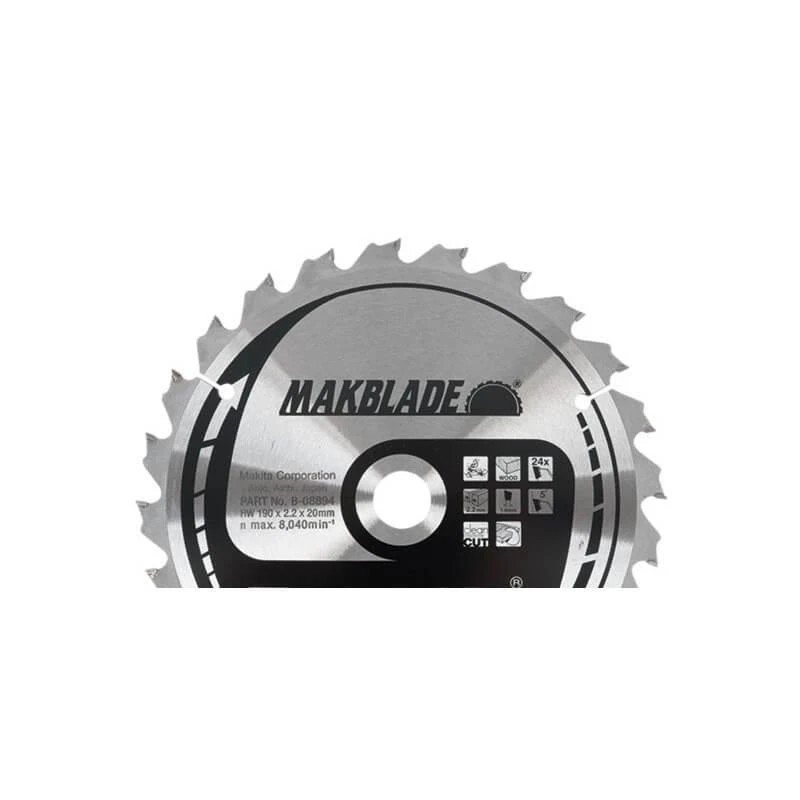 Makita T.C.T. pjūklas MAKBLADE 190X2.2X20mm 5° T24 B-08894 T.C.T • 190 x20 mm • T24 • 5° • Medienai