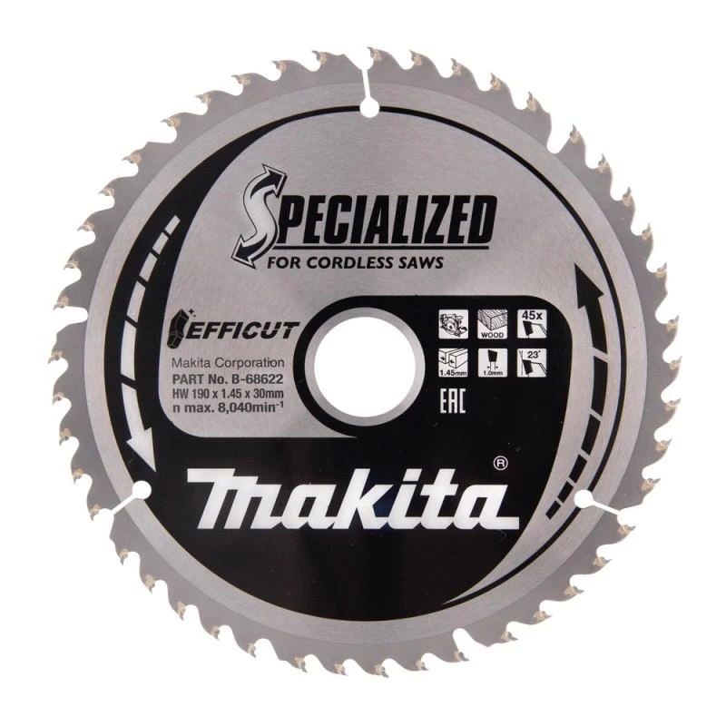 Makita T.C.T. pjovimo diskas EFFICUT B-68622 T.C.T • 190 x30 mm • T45 • 23° • Medienai