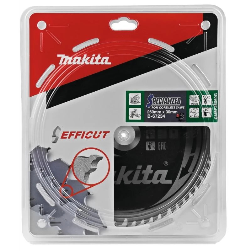 Makita T.C.T. pjūklas EFFICUT 260X2.15X30mm 10° T60 B-67234 T.C.T • 260 x30 mm • T60 • 10° • Medienai