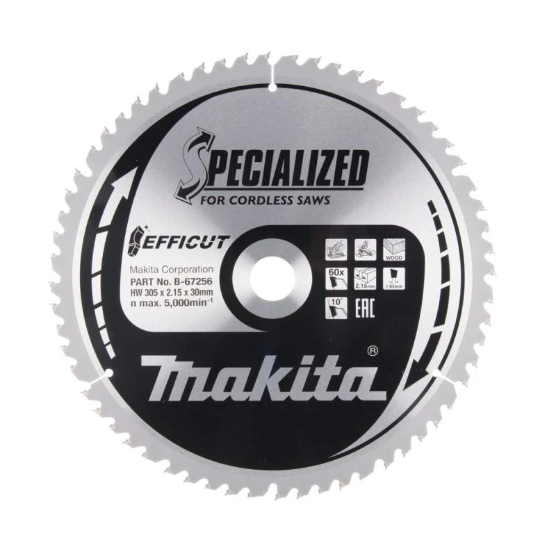 Makita T.C.T. pjūklas EFFICUT 305X2.15X30mm 10° T60 B-67256 T.C.T • 305 x30 mm • T60 • 10° • Medienai