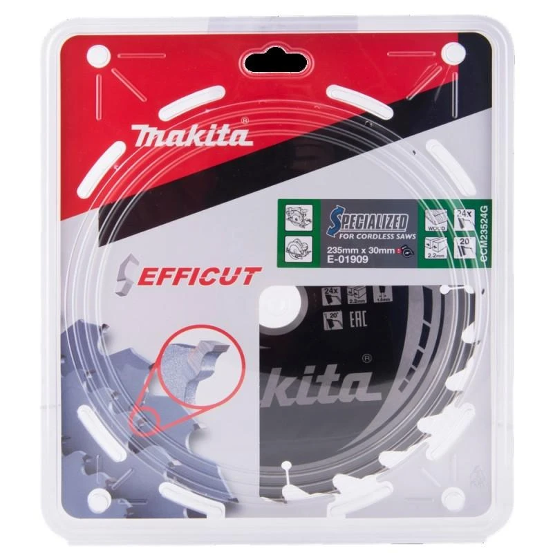 Makita T.C.T. pjūklas EFFICUT 235X2.2X30mm 20° T24 E-01909 T.C.T • 235 x30 mm • T24 • 20° • Medienai