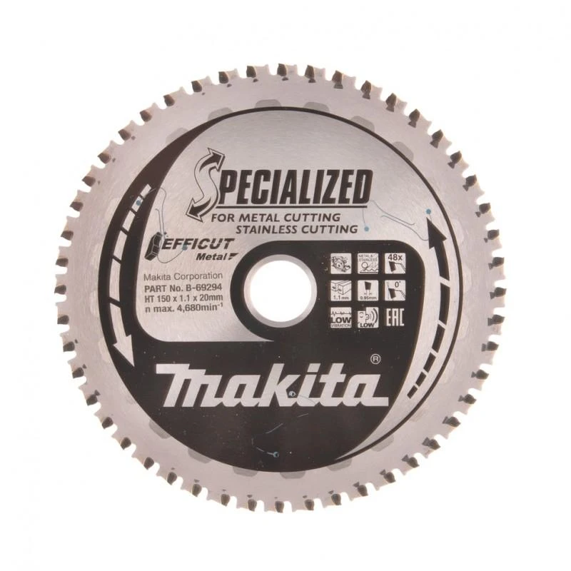 Makita T.C.T. pjūklas EFFICUT METAL 150X1.1X20mm 0° T48 B-69331 T.C.T • 150 x20 mm • T48 • 0° • Metalui/Nerūd. plienui