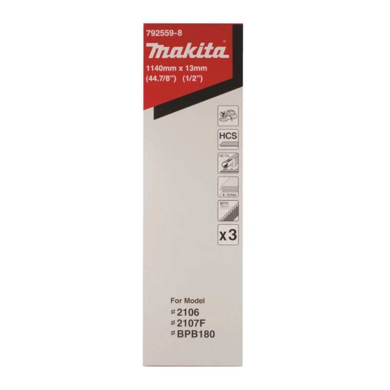 Makita Pjovimo juosta 13x0,5x1140mm, 18 Tpi, HCS, 4-5mm, plastikui, spalvotiesiems metalams, minkštam plienui, 3 vnt. pakuotėje. 792559-8