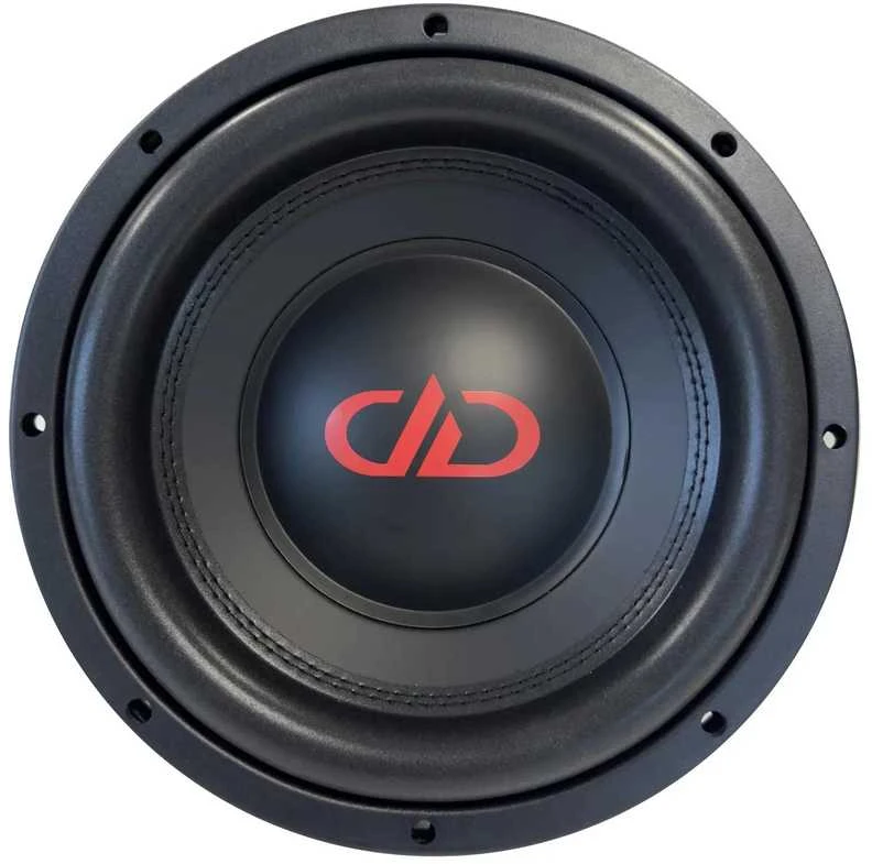 DD Audio 210e-D4 - juodas žemų dažnių garsiakalbis su raudonu logotipu