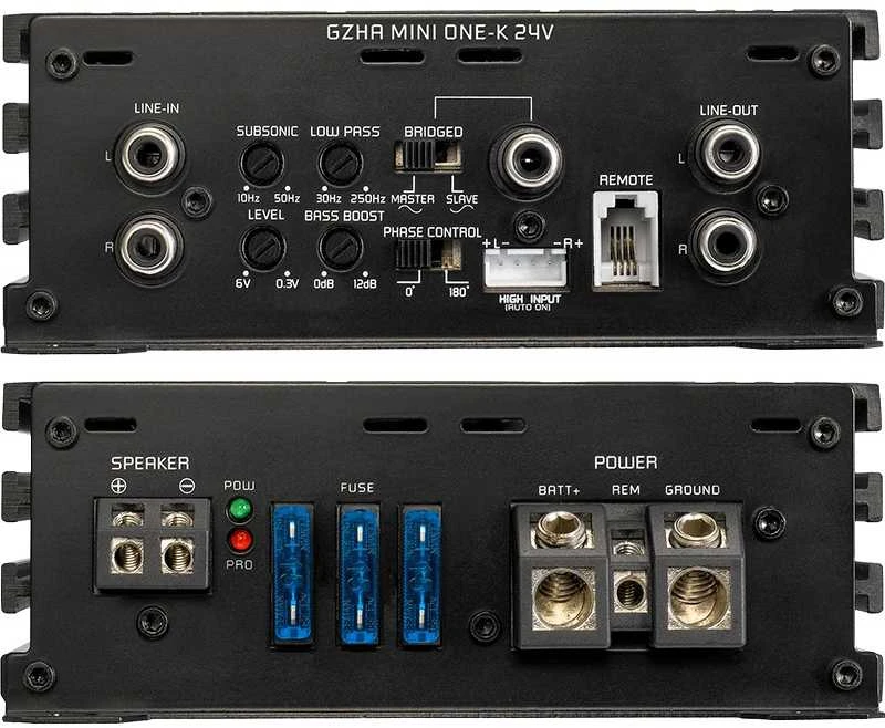 Ground Zero GZHA mini ONE-K 24V jungčių ir terminalų vaizdas