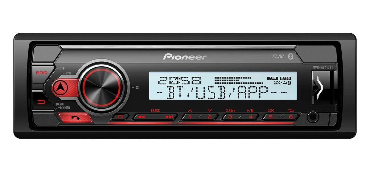 Pioneer MVH-MS410BT grotuvas su raudonu apšvietimu