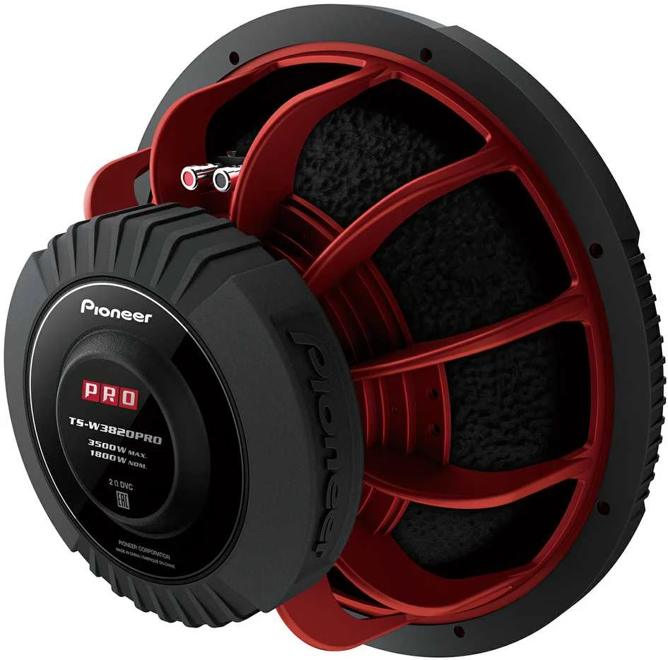 Pioneer TS-W3820PRO galinė dalis ir raudonas karkasas