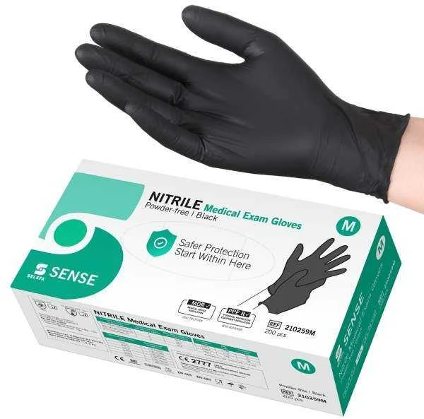 Nitrilinės pirštinės be pudros juodos Selefa Nitrile Medical Exam Gloves Powder-Free Juodas M 200vnt.
