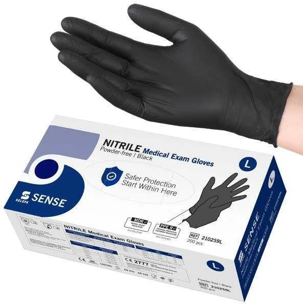 Nitrilinės pirštinės be pudros juodos Selefa Nitrile Medical Exam Gloves Powder-Free Juodas L 200vnt.