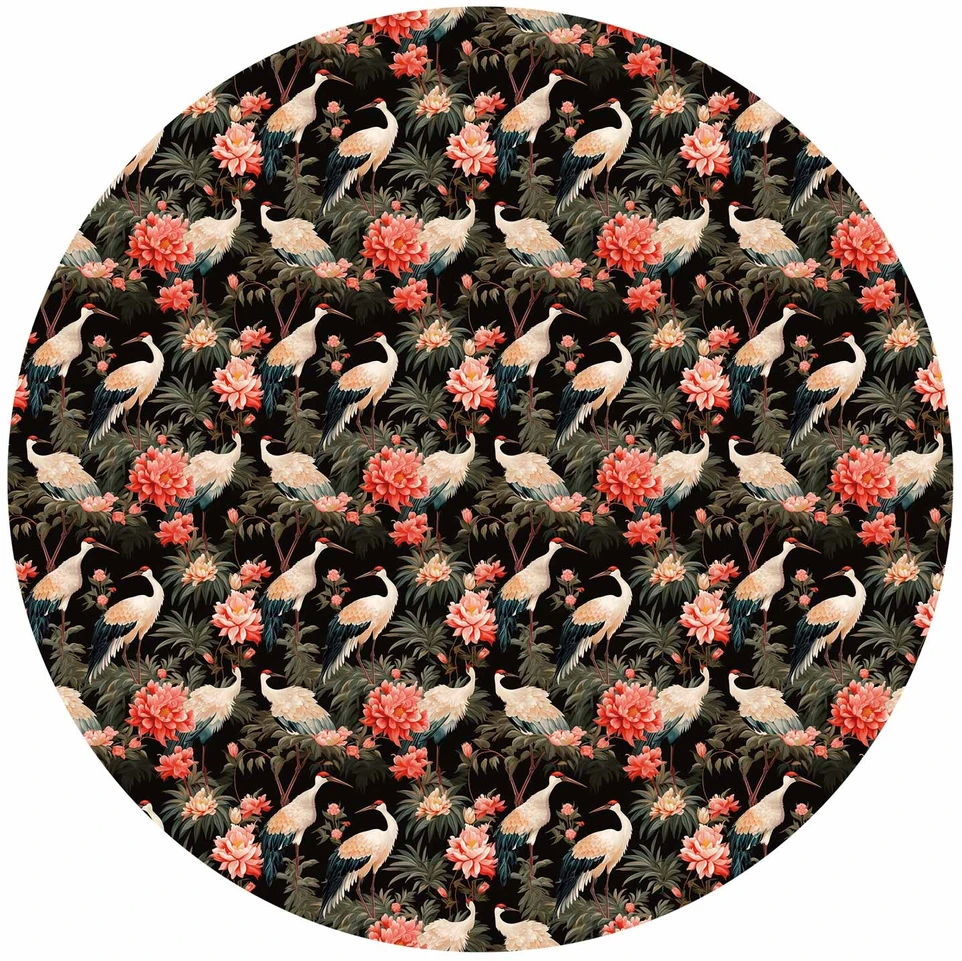 Apvalūs fototapetai - Ornamentas su gervėmis ir peonijomis